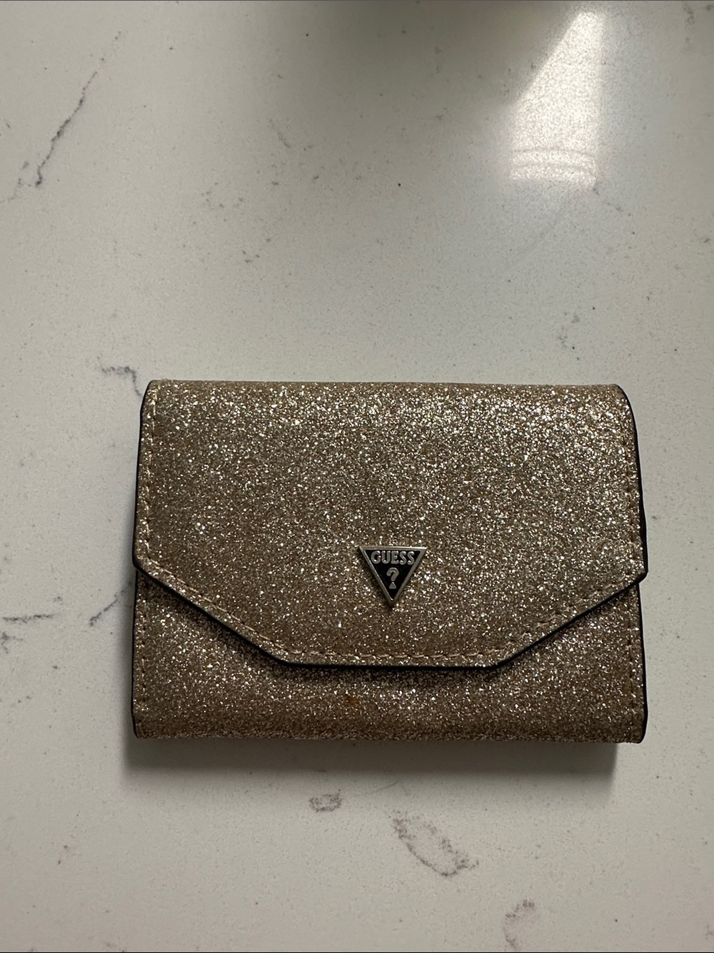 GUESS Gold Glitter Envelope Wallet with Triangle Logo